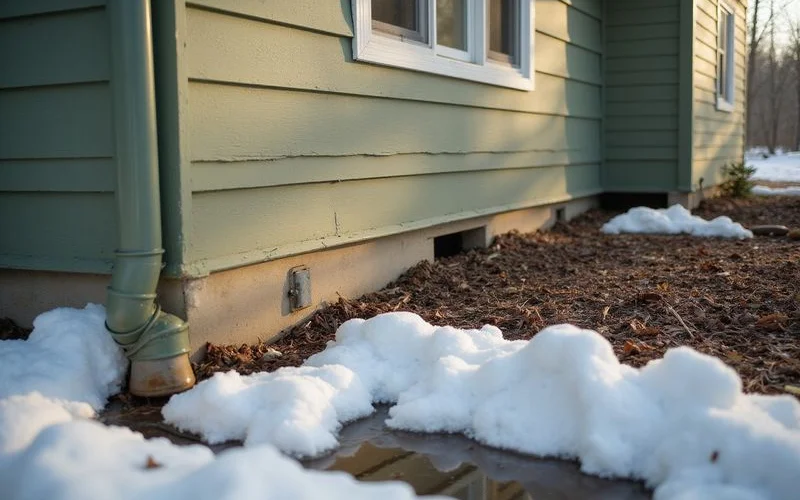 Melting snow piles beside a house foundation in early spring