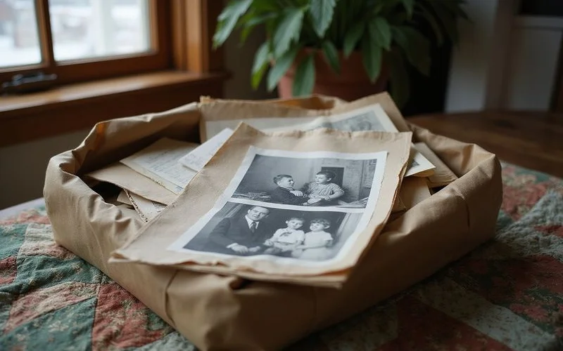 Old letters and photos in a shoebox on a quilt