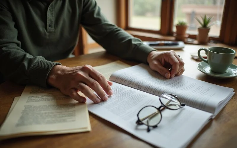 Personal representative reviewing letters testamentary and estate papers at a kitchen table