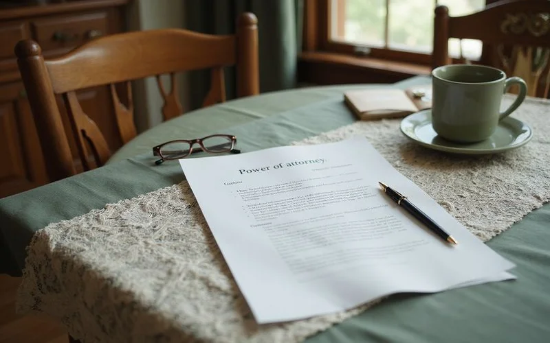 Power of attorney document and reading glasses on a lace tablecloth