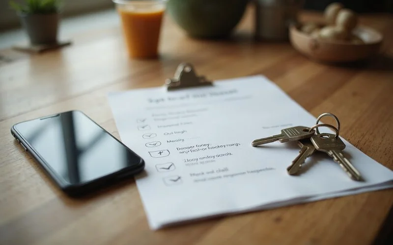 Printed checklist with checkmarks beside a phone and house keys
