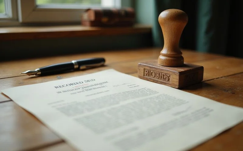 Recorded deed with a county stamp on a desk, shallow focus