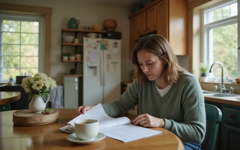 Seller reviewing disclosure forms at a kitchen table with coffee, cream and sage tones