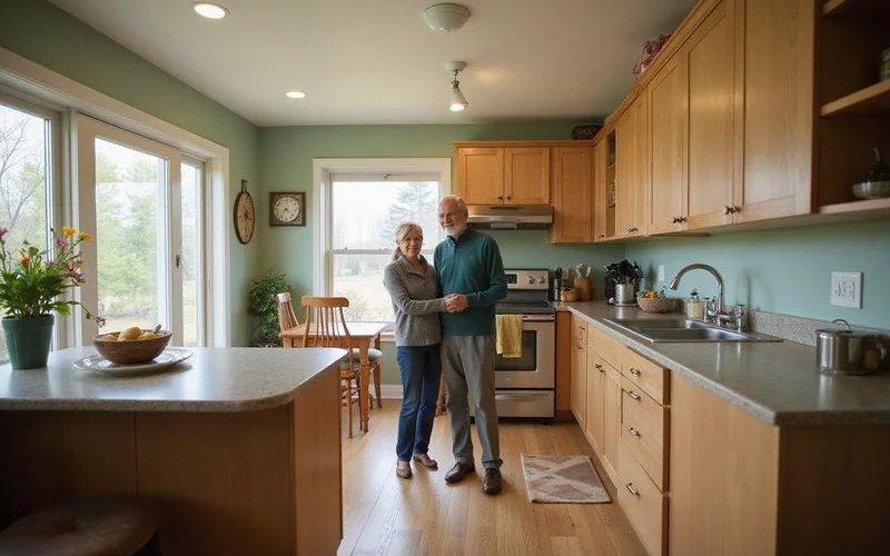 Senior couple touring a bright one-level townhome kitchen