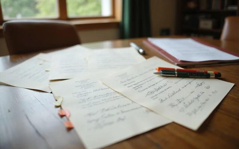 Several signature pages fanned out on a title company table
