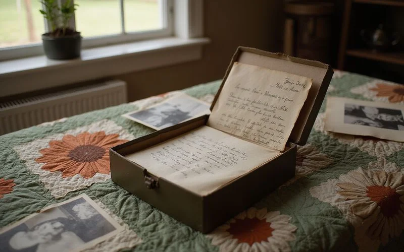 Shoebox of old letters and family photos on a quilt
