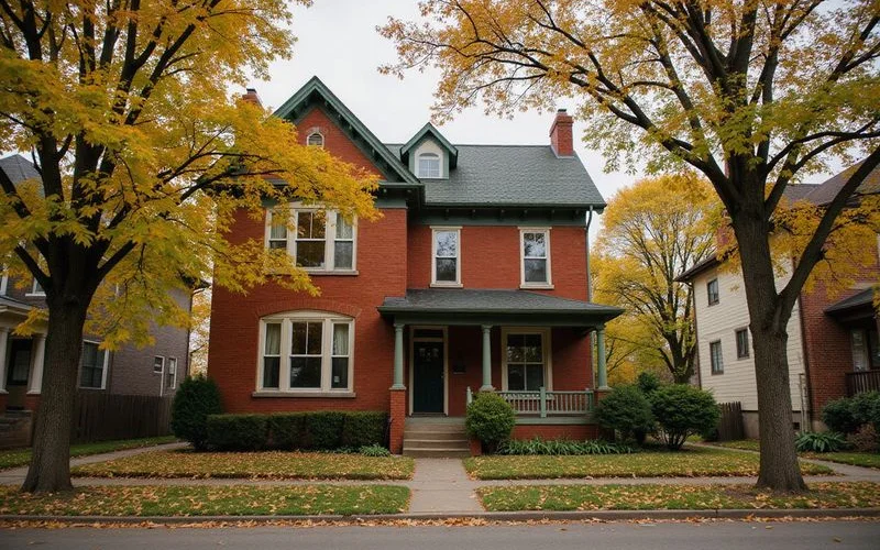 St. Paul brick foursquare on a tree-lined street in autumn