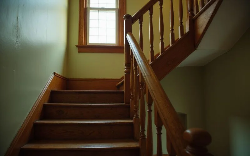 Steep staircase in a two-story home with a handrail, warm light