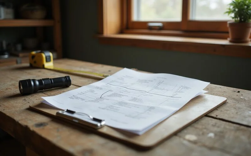 Structural report pages on a clipboard in a basement
