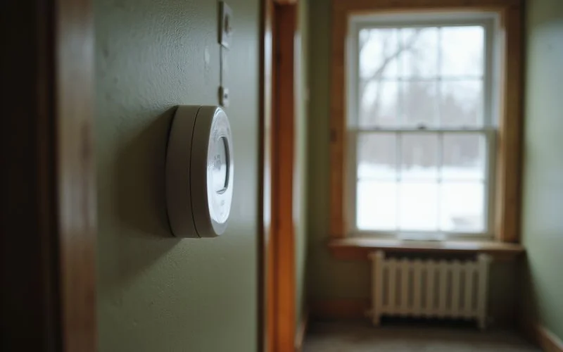 Thermostat set to 55 degrees on a hallway wall in an older home