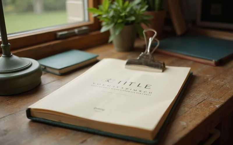 Thick paper abstract of title bound with a clip on a desk