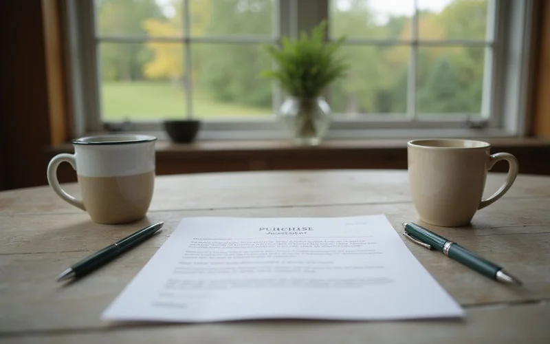 Two pens and a purchase agreement on a neutral table