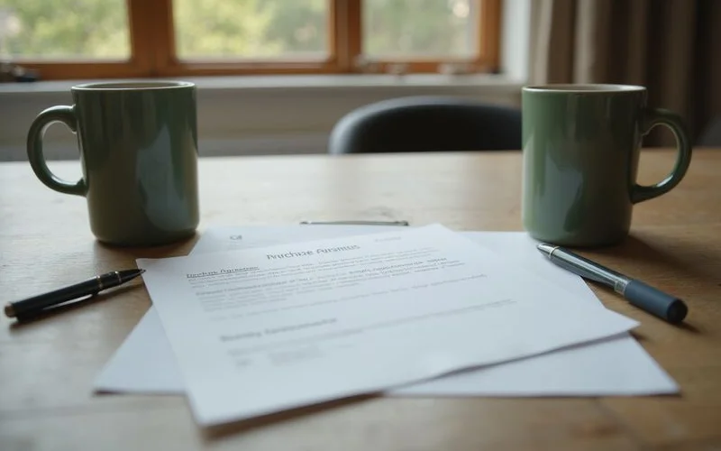 Two pens and a purchase agreement on a neutral table