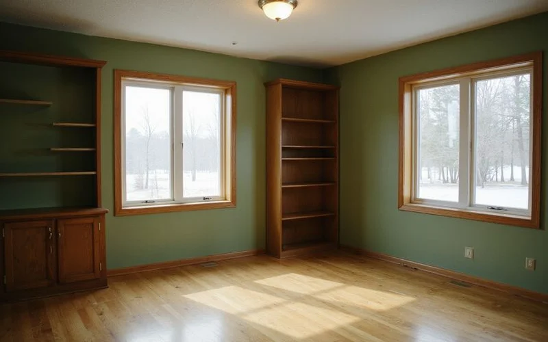 Vacant 1960s rambler living room in winter light, empty and quiet