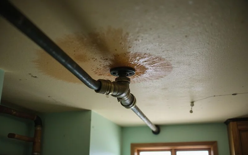 Water-stained basement ceiling above a main water shutoff valve