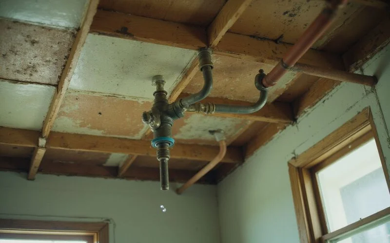 Water-stained basement ceiling and a main water shutoff valve