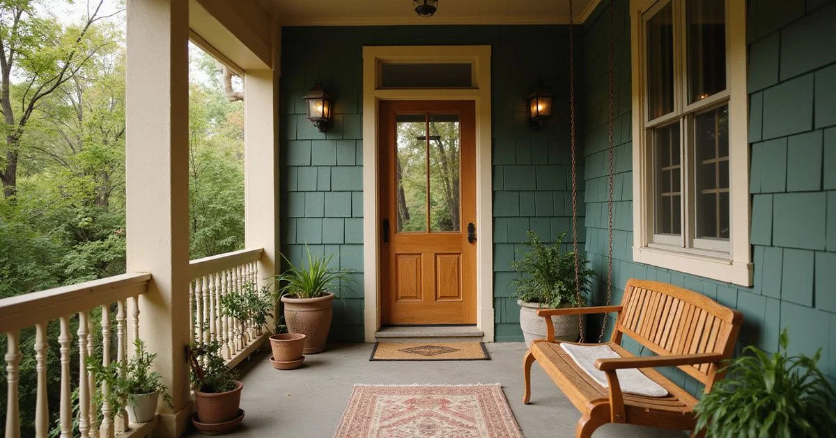 1920s Minneapolis bungalow front porch in soft morning light
