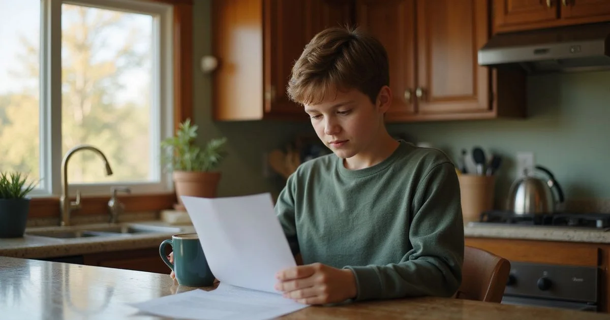 Adult child reading an official letter at a kitchen counter, thoughtful