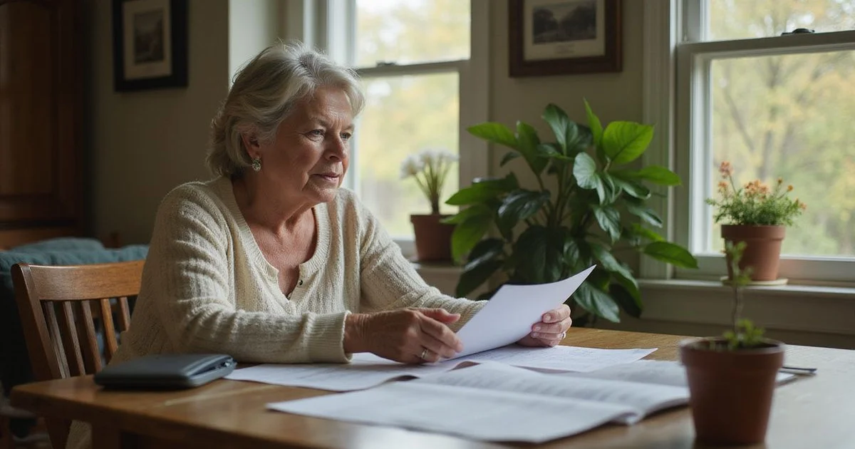 Adult child reviewing a care facility bill beside a laptop at a dining table