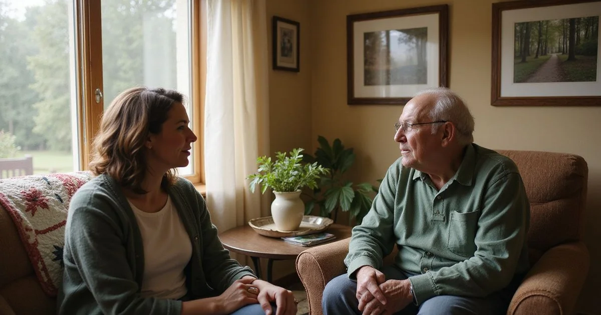 Adult daughter and elderly father talking in a sunlit assisted living room