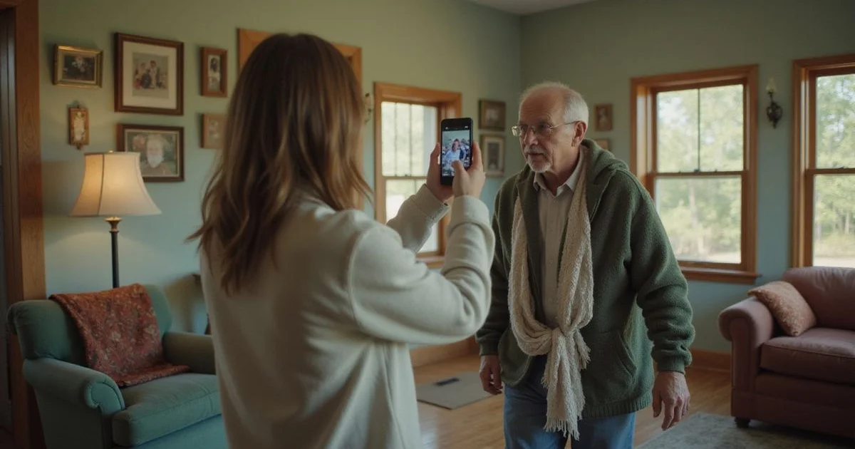 Adult daughter on a video call walking through her late father's Minnesota living room
