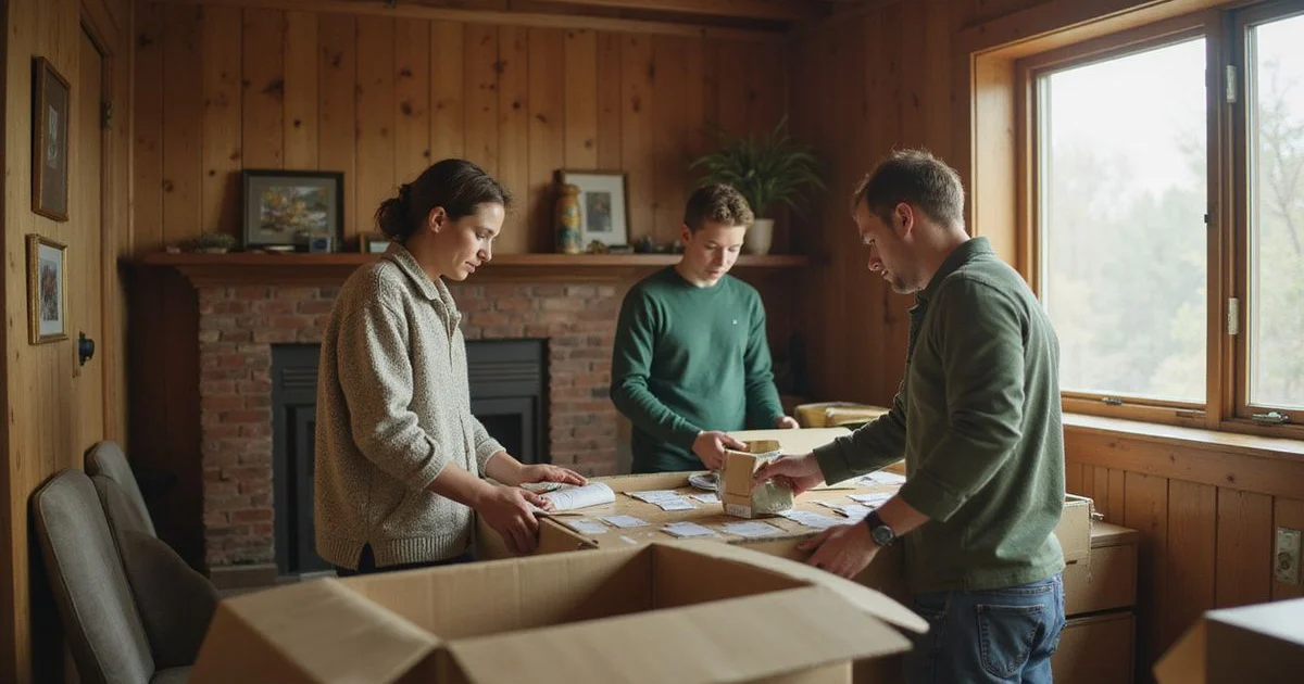 Adult siblings sorting items into labeled boxes in a family basement
