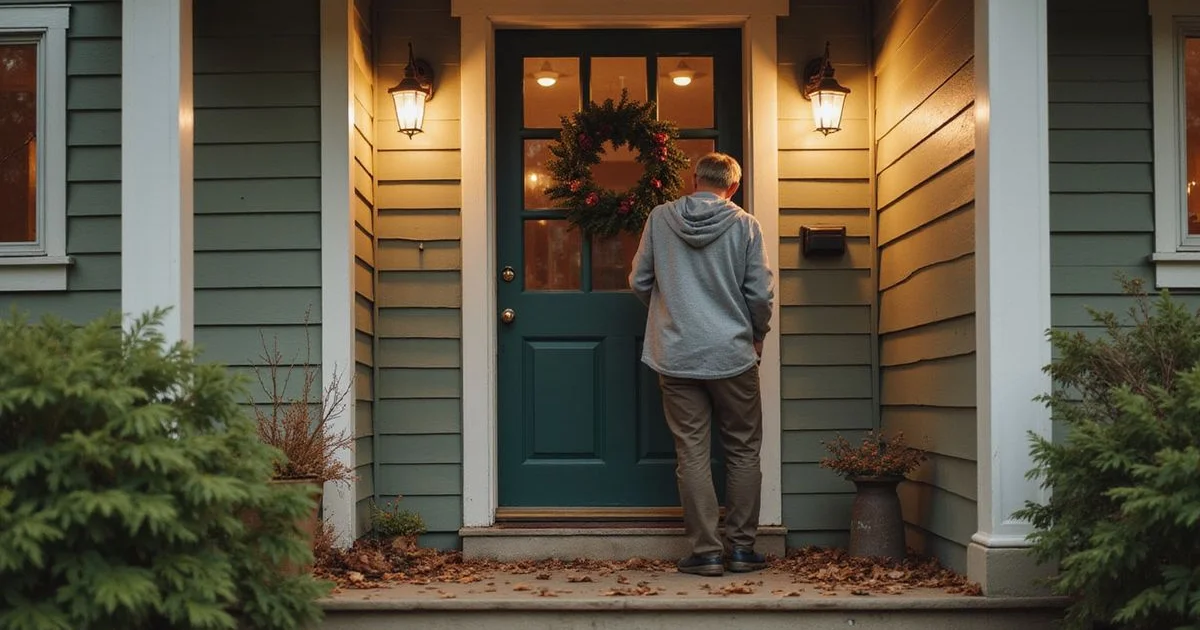 Adult son unlocking the front door of his late mother's Minnesota home in late autumn