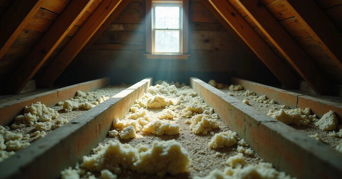 Attic joists with old vermiculite insulation, flashlight beam, no people