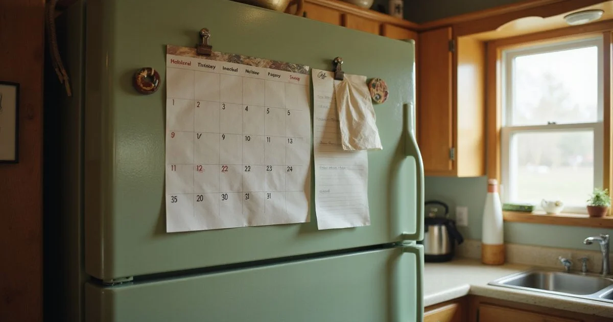Calendar with weeks crossed off on a fridge in a modest kitchen
