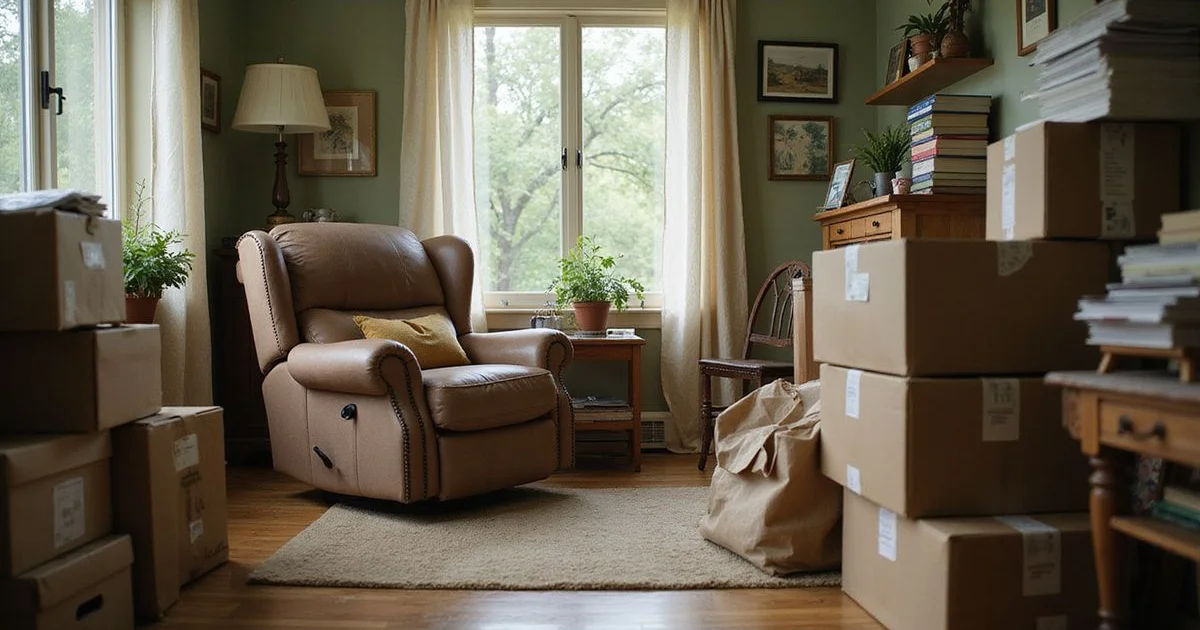 Cluttered but safe living room with stacked boxes, soft window light, no people