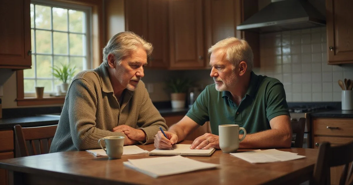 Couple at a kitchen table comparing options on a notepad, evening lamp light