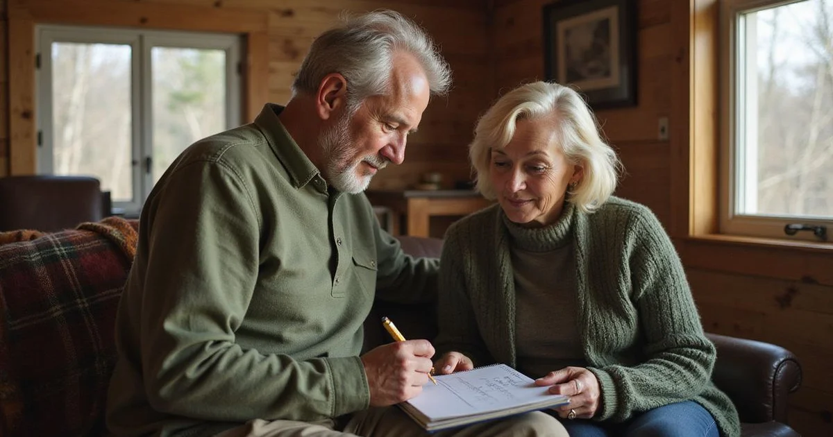 Couple in their sixties reviewing a checklist on a notepad in a cozy Minnesota den