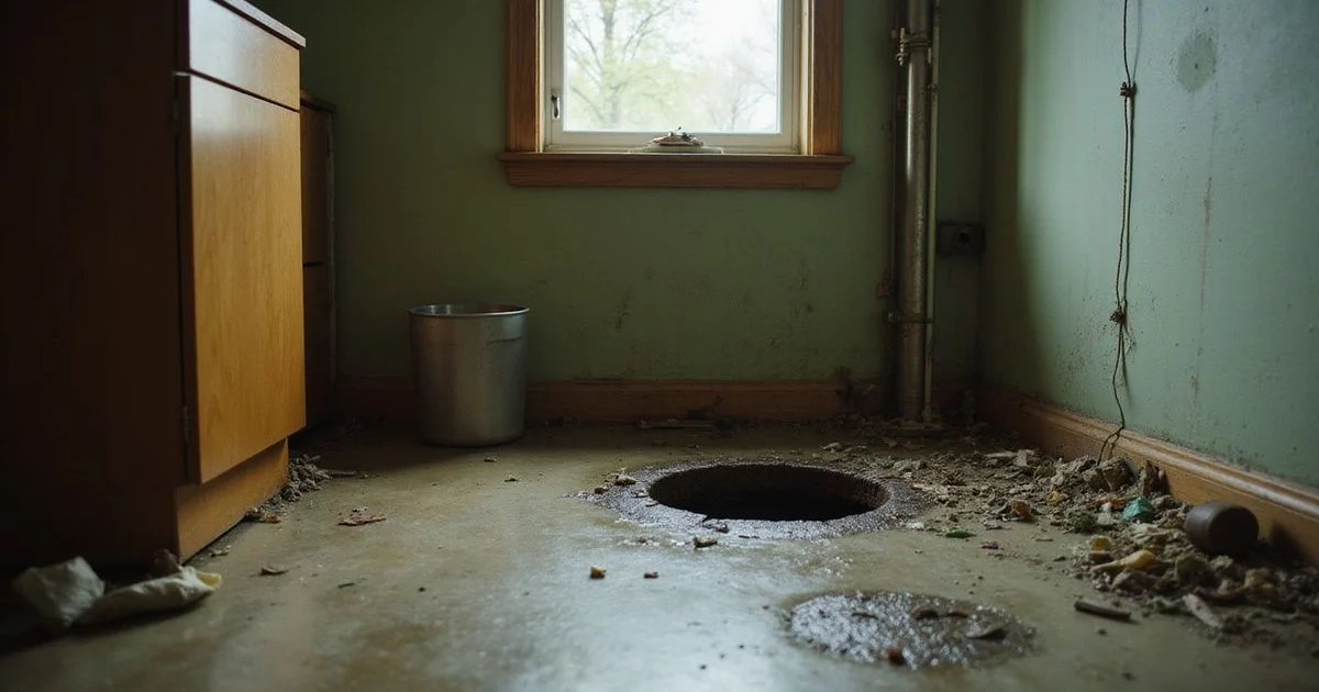 Damp basement floor near a sump pit in an older home, spring light