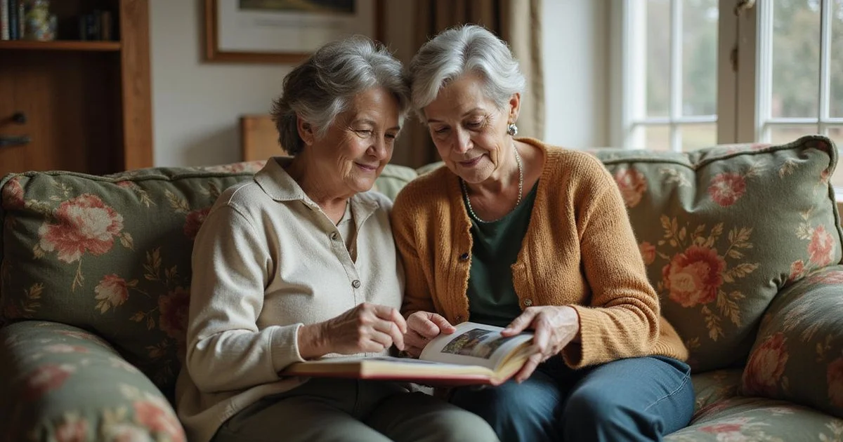Elderly mother and adult daughter looking through a photo album on a sofa