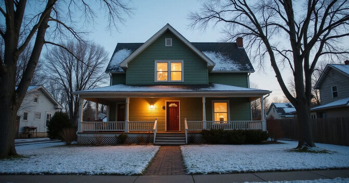 Empty Minnesota two-story house at dusk in early winter, first snow on the roof, porch light on