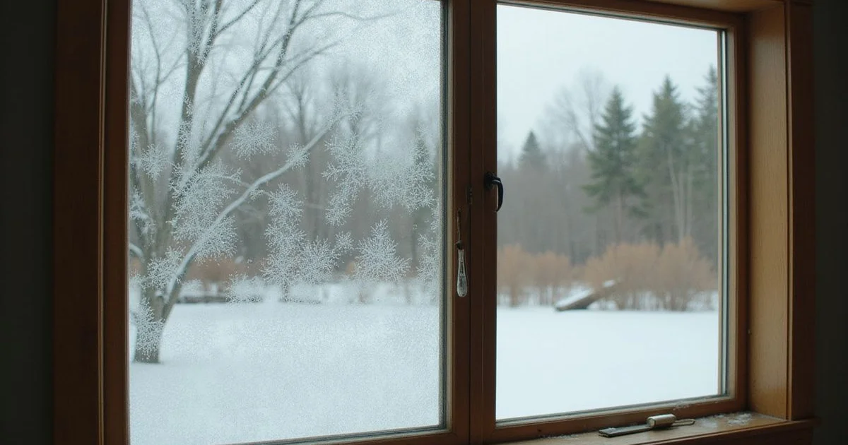 Frost on a window of an empty Minnesota house in deep winter