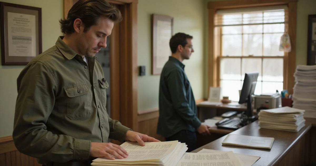Heir comparing two stacks of documents at a county recorder's counter