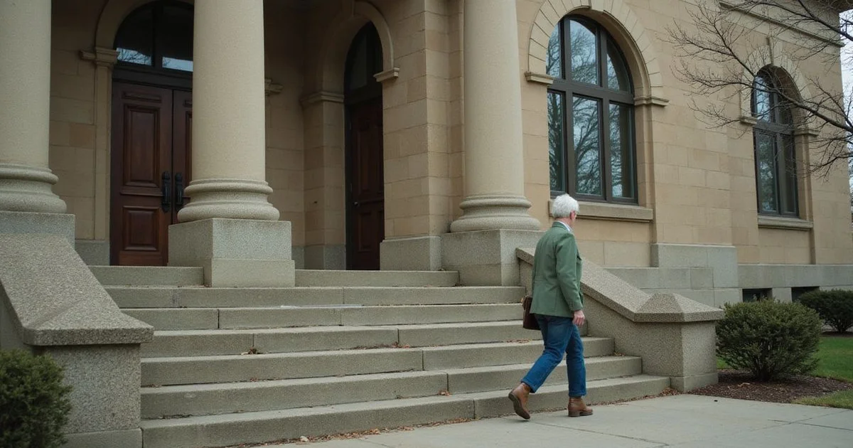 Hennepin County-style courthouse steps on a gray Minnesota morning