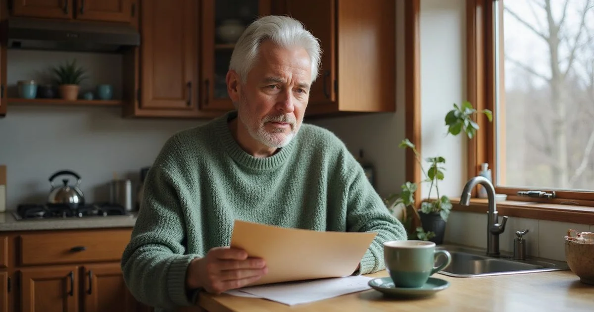 Homeowner reading mail at a kitchen island, winter light, concerned