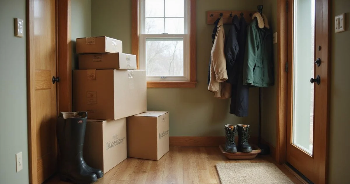 Moving boxes in a front hall with a coat rack and winter boots