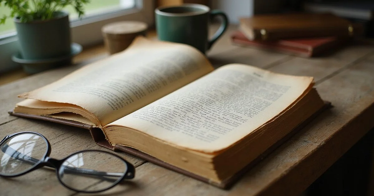 Old bound abstract of title with typewritten pages on a wooden desk