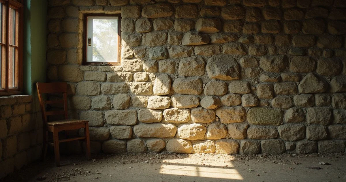 Old fieldstone basement wall with mortar joints, flashlight lighting