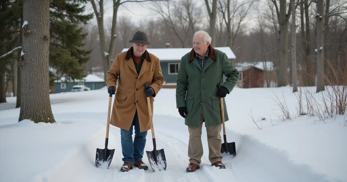 Older couple shoveling a snowy Minnesota driveway, pausing to rest