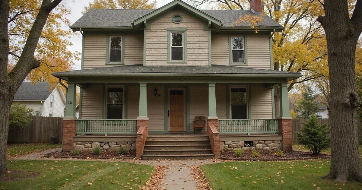 Older Minnesota two-story home exterior with a visible foundation line