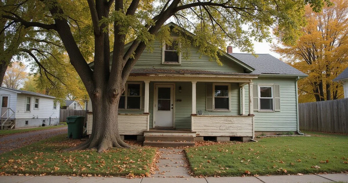 Older rental house with peeling porch paint on a Minnesota street