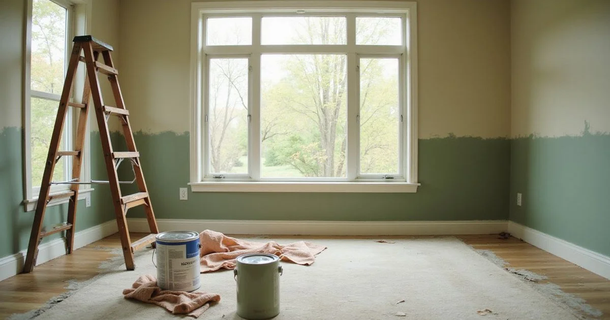 Paint cans and a ladder in a half-finished living room, daylight