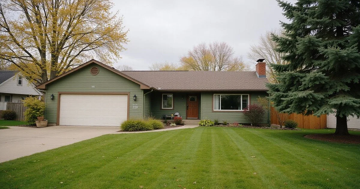 Quiet suburban Minnesota rambler exterior on an overcast day