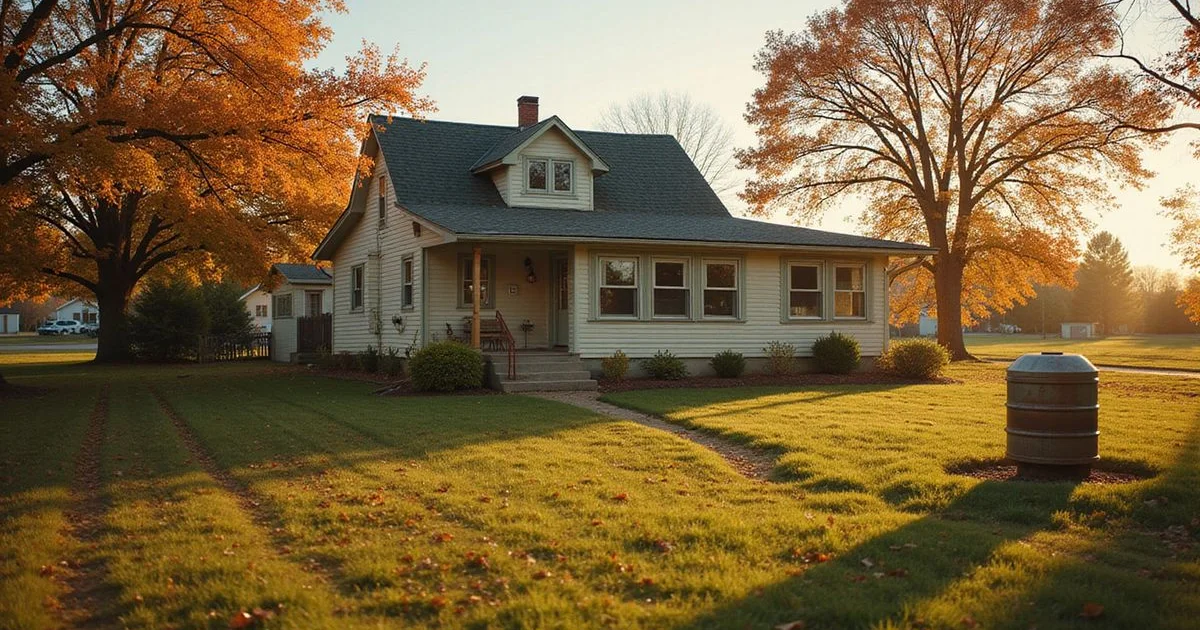 Rural Minnesota home with a well cap in the side yard, autumn light