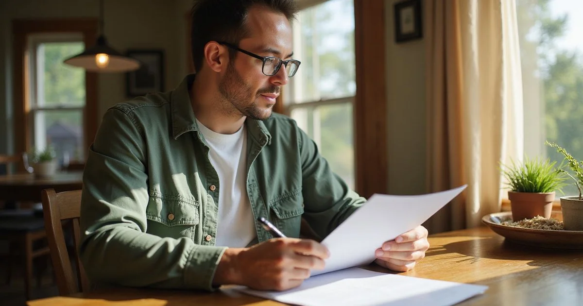 Seller reading a purchase agreement at a sunlit kitchen table, calm expression