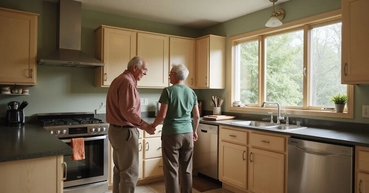 Senior couple touring a bright one-level townhome kitchen